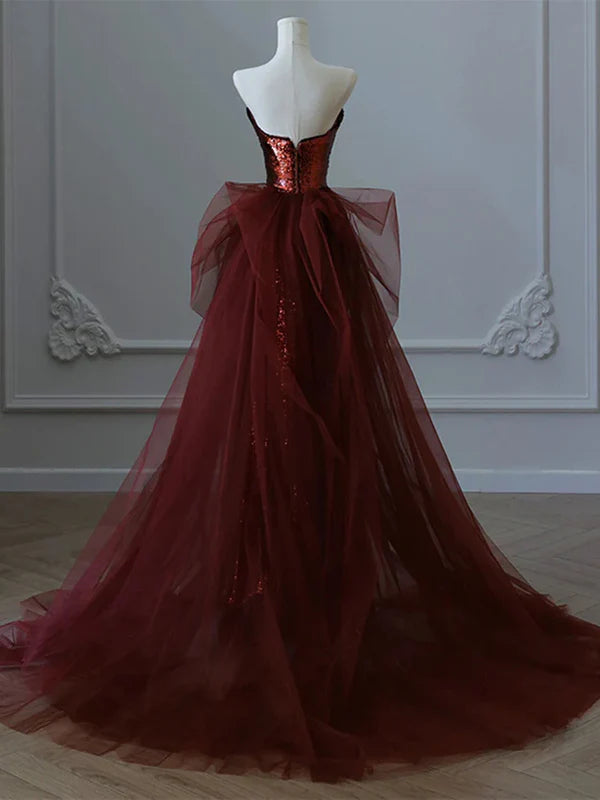 Luolandi Wine Red Sequins and Tulle Beaded Long Party Dress Evening Dress Sparkly Prom Dress